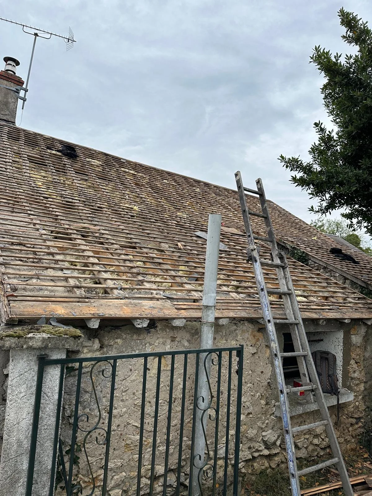 Ancienne toiture avant rénovation de charpente et remplacement de couverture par WES RENOV à Tours en Indre-et-Loire.